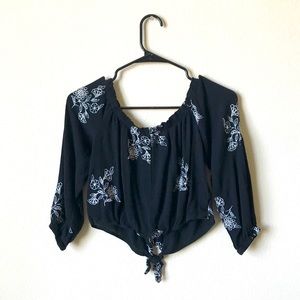Black Floral Off The Shoulder Crop Top